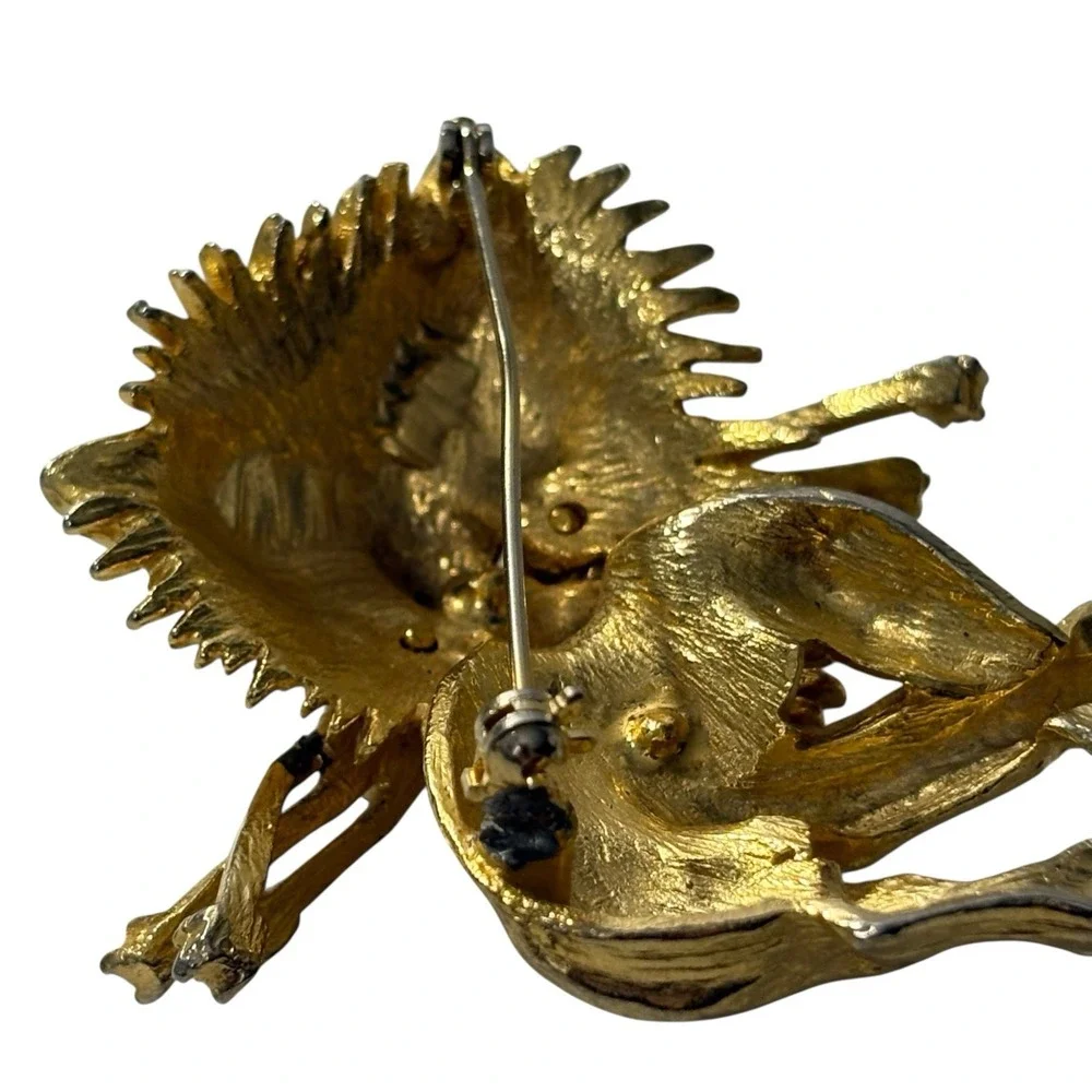 RARE Lion Brooch Pin Vintage Large‎ Enameled & Rhinestone Inset Figural Sleeping